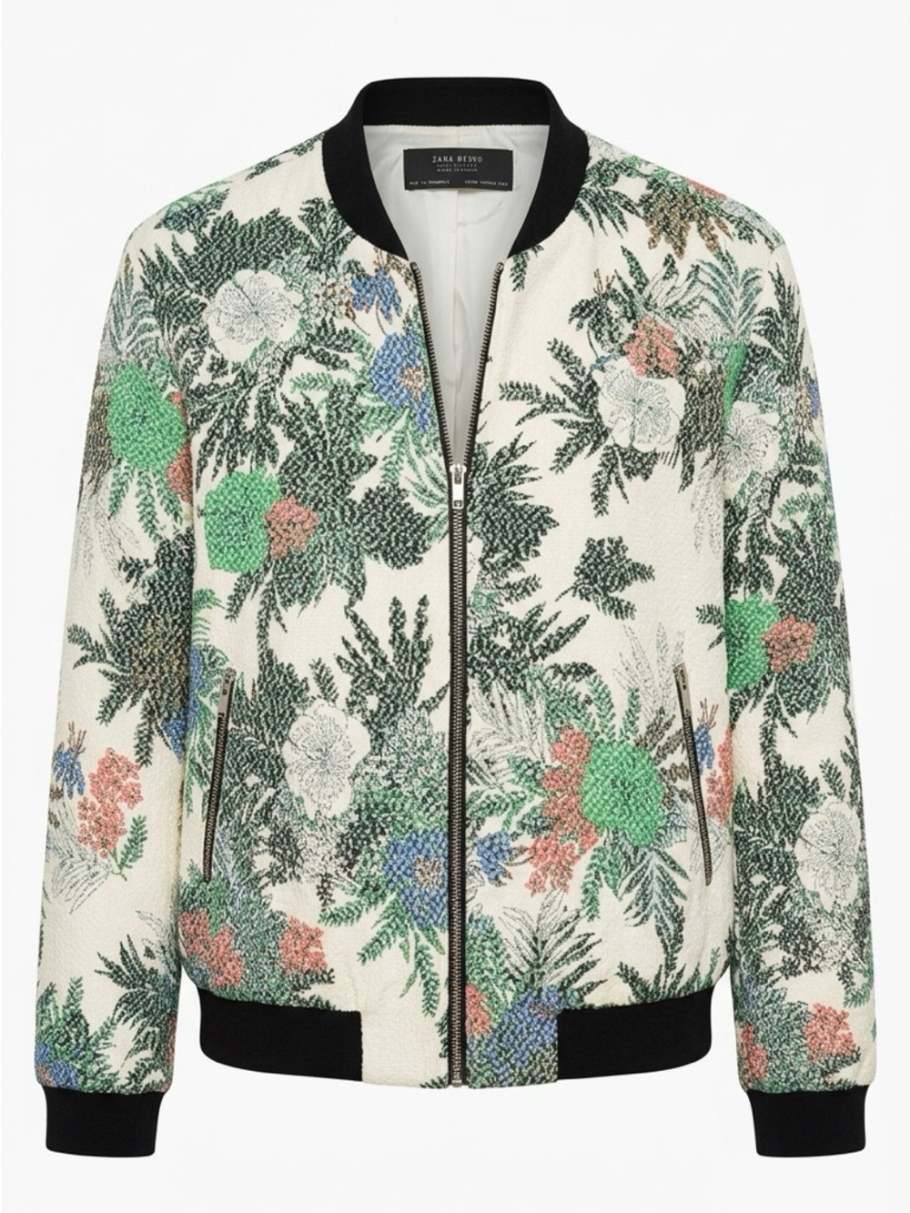 🍁ZARA Cream Floral Bomber Jacket with Black Trim